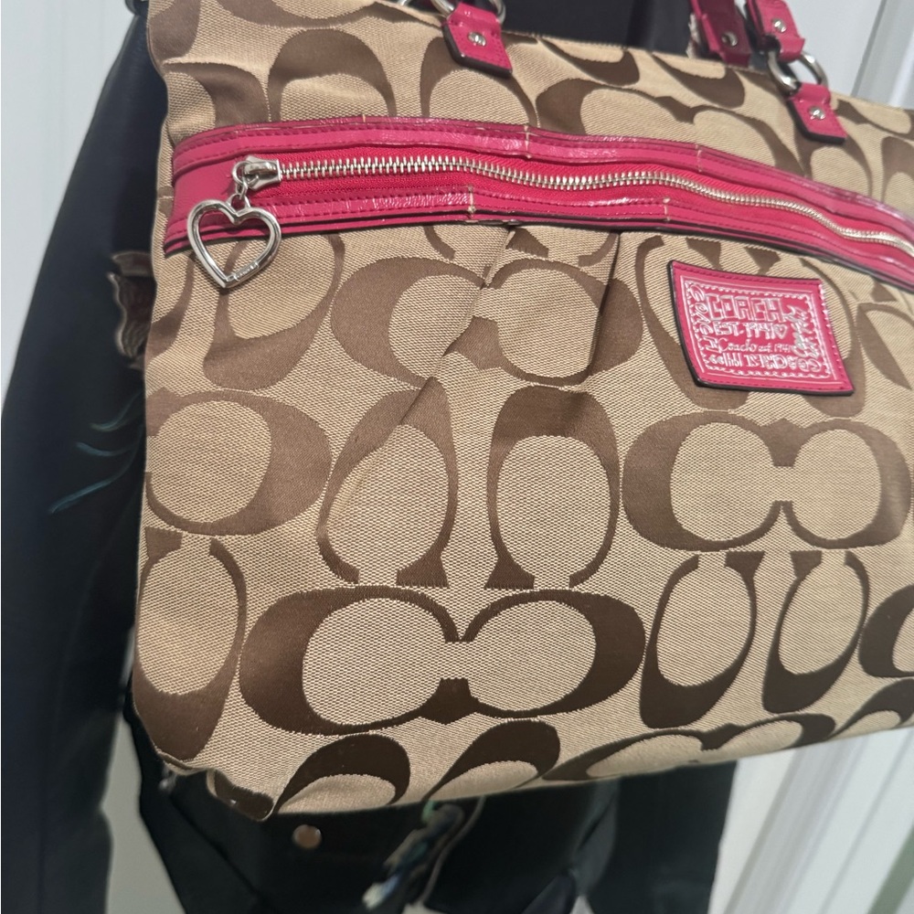 Coach Poppy Brown and Fuchsia Canvas Tote - Picture 5 of 13